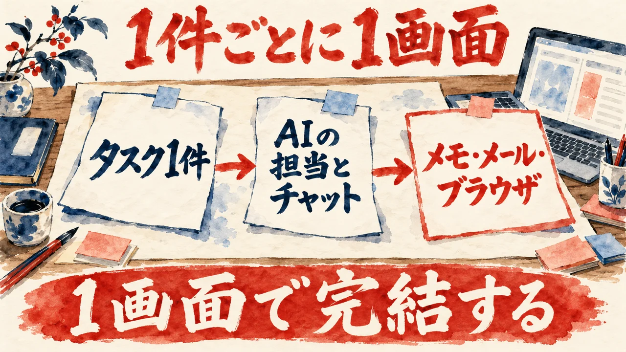 タスク1件に必要な物が1画面に集まる図解。タスク1件、AIの担当とチャット、メモ・メール・ブラウザ、の3枚の札が矢印でつながり、下の帯に1画面で完結すると書かれている。
