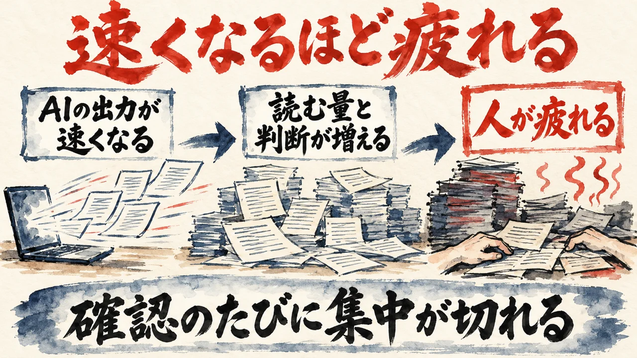 水彩の図解。見出し「速くなるほど疲れる」。AIの出力が速くなる、読む量と判断が増える、人が疲れる、の順に札が並び、下の帯に「確認のたびに集中が切れる」
