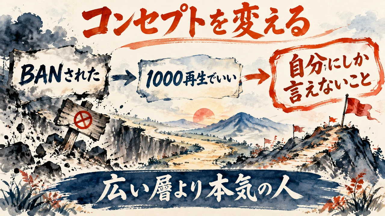 「コンセプトを変える」の図解。「BANされた」「1000再生でいい」「自分にしか言えないこと」の三つの札が矢印で並び、下の帯に「広い層より本気の人」