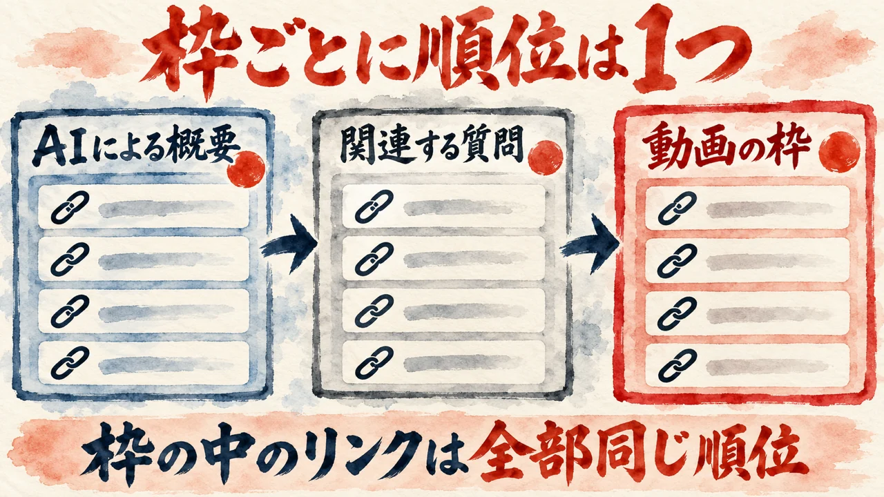 図解。AIによる概要、関連する質問、動画の枠の3つの枠が並び、どの枠の中のリンクも全部同じ順位になる、と示している