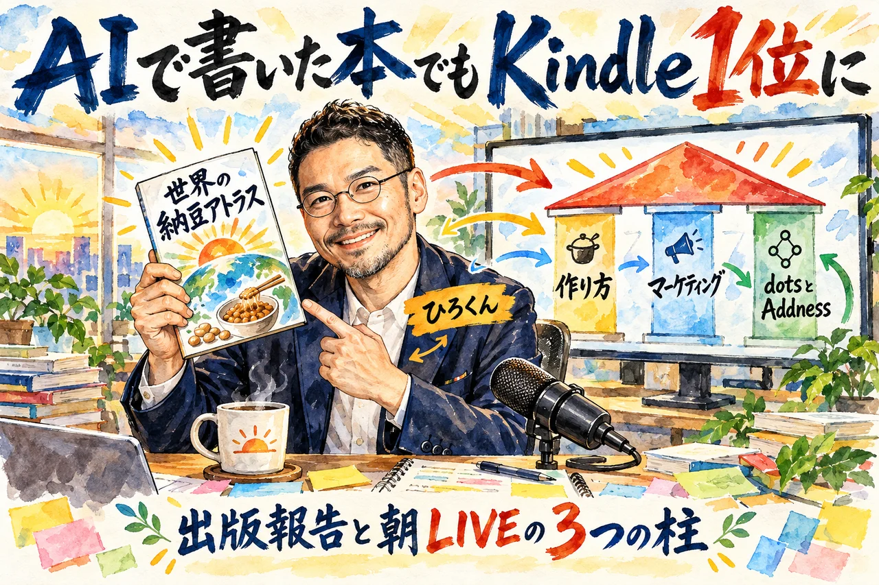 AIで書いた本でもKindle1位に｜ひろくんが『世界の納豆アトラス』を掲げて、朝LIVEで話す柱を伝える場面