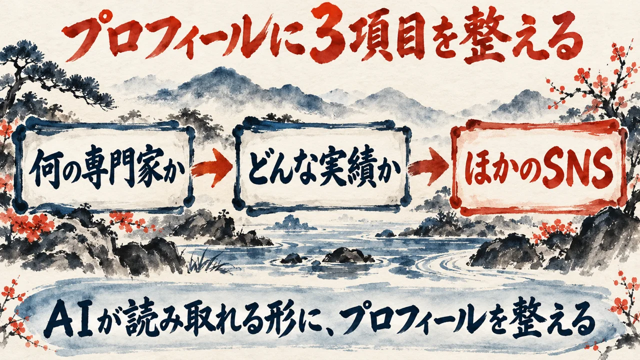 図解。プロフィールに、何の専門家か、どんな実績か、ほかのSNSの3項目を整え、AIが読み取れるようにする流れを示している