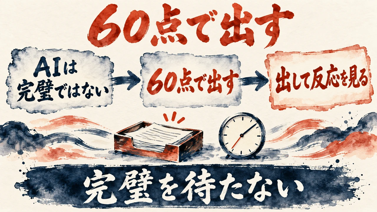 図解。AIは完璧ではない、60点で出す、出して反応を見る、の三つの札が矢印でつながり、下に完璧を待たないの帯
