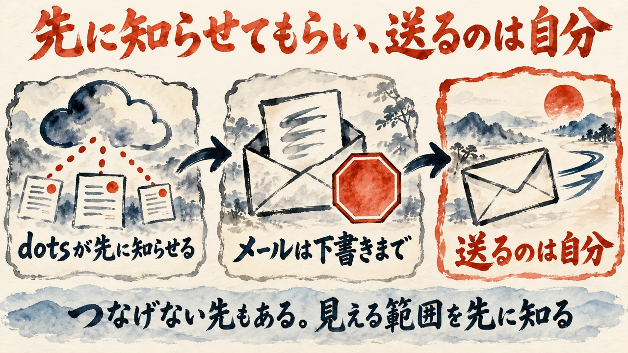 図解。dotsが先に知らせ、メールは下書きまで、送るのは自分、の流れを示している