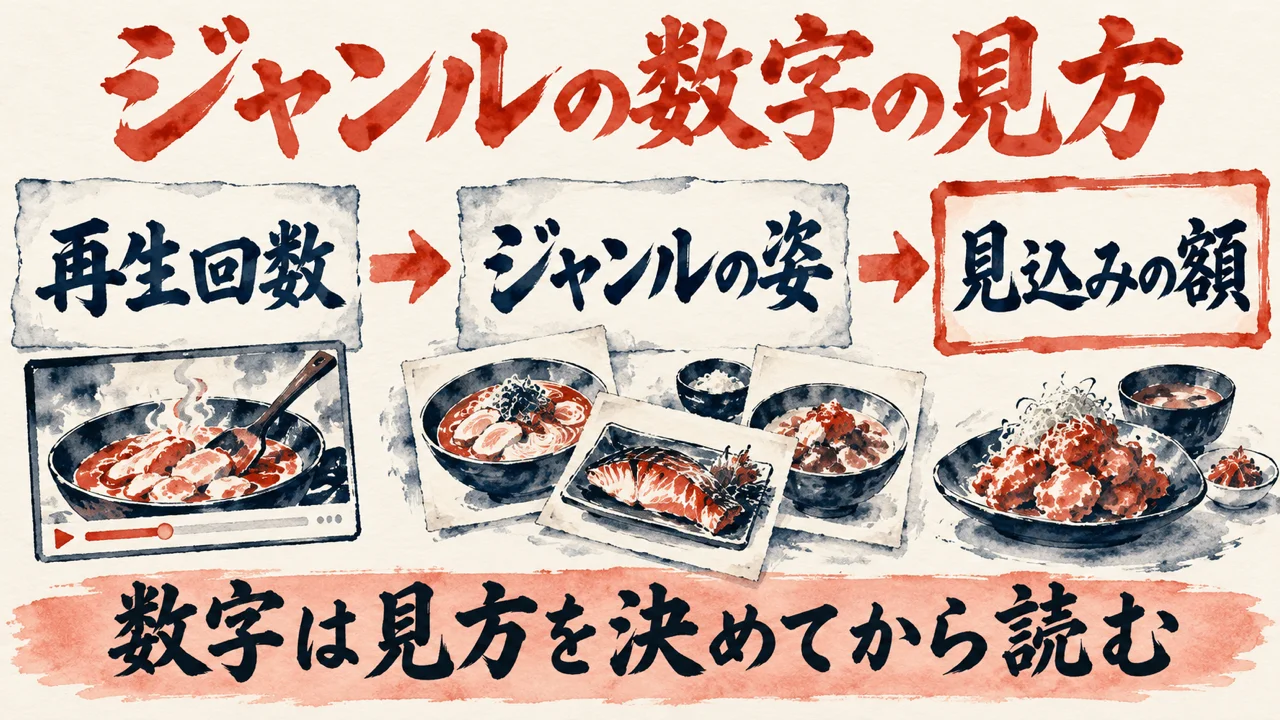 ジャンルの数字の見方の図解。「再生回数」「ジャンルの姿」「見込みの額」の三つの札が矢印で並び、下の帯に「数字は見方を決めてから読む」