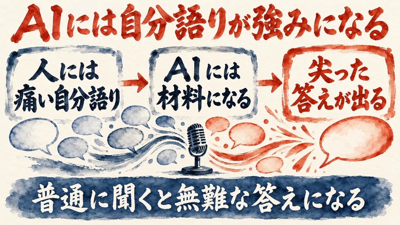 図解。人には痛い自分語りが、AIには材料になり、尖った答えが出る流れ。下の帯に、普通に聞くと無難な答えになる、とある