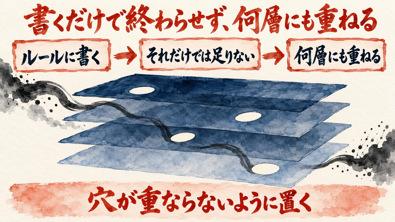 図解。CLAUDE.mdに書くだけでは足りず、防御を何層にも重ねる流れを示している