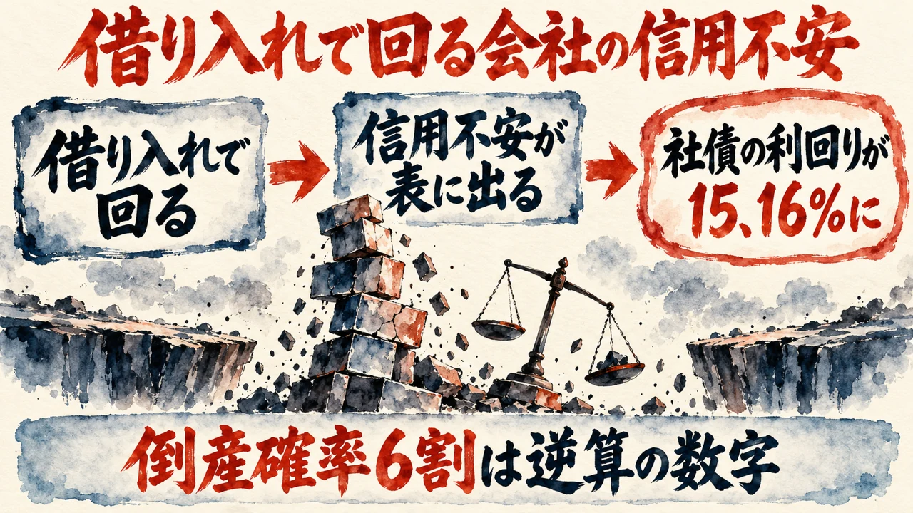 図解。借り入れで回る、信用不安が表に出る、社債の利回りが15、16%に、の三つの札が矢印でつながり、下に倒産確率6割は逆算の数字の帯