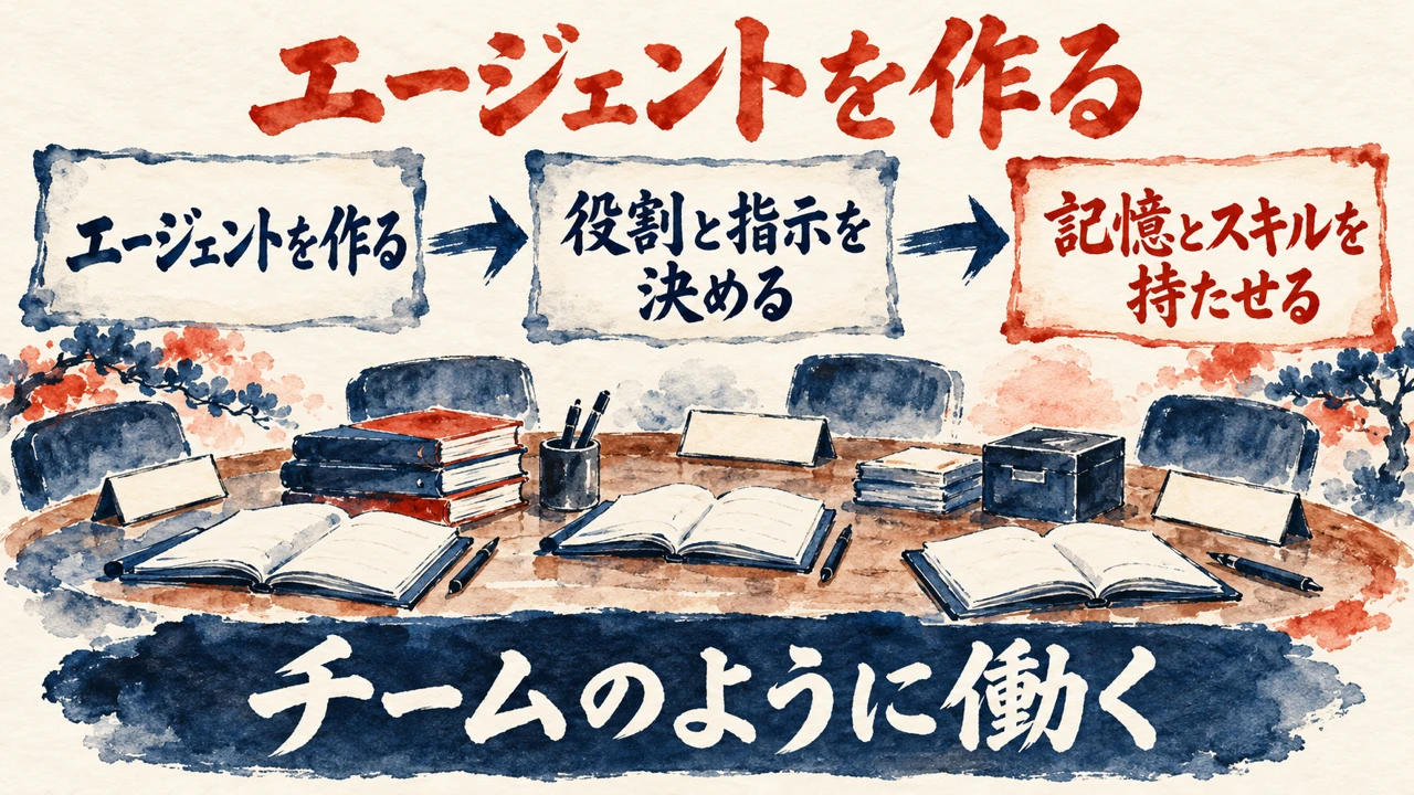 「エージェントを作る」の図解。「エージェントを作る」「役割と指示を決める」「記憶とスキルを持たせる」の三つの札が矢印で並び、下の帯に「チームのように働く」
