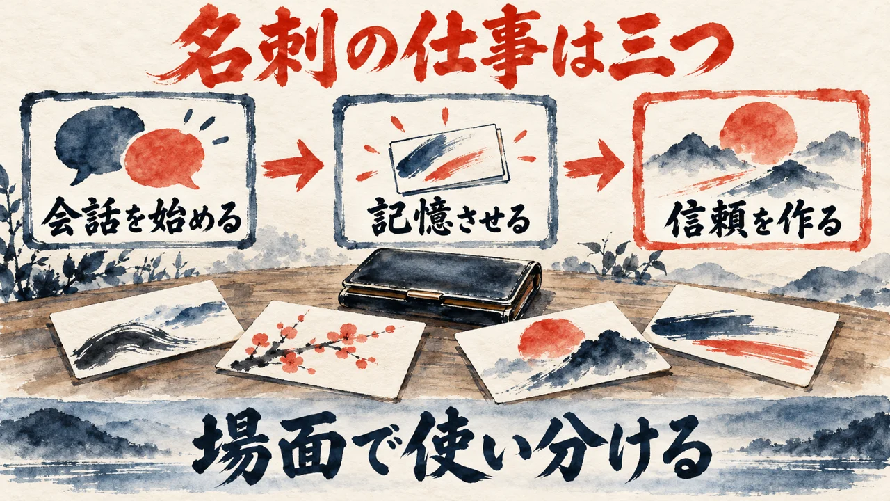 「名刺の仕事は三つ」の図解。「会話を始める」「記憶させる」「信頼を作る」の三つの枠が矢印で並び、机の上の名刺入れと四枚の名刺の水彩画。下の帯に「場面で使い分ける」
