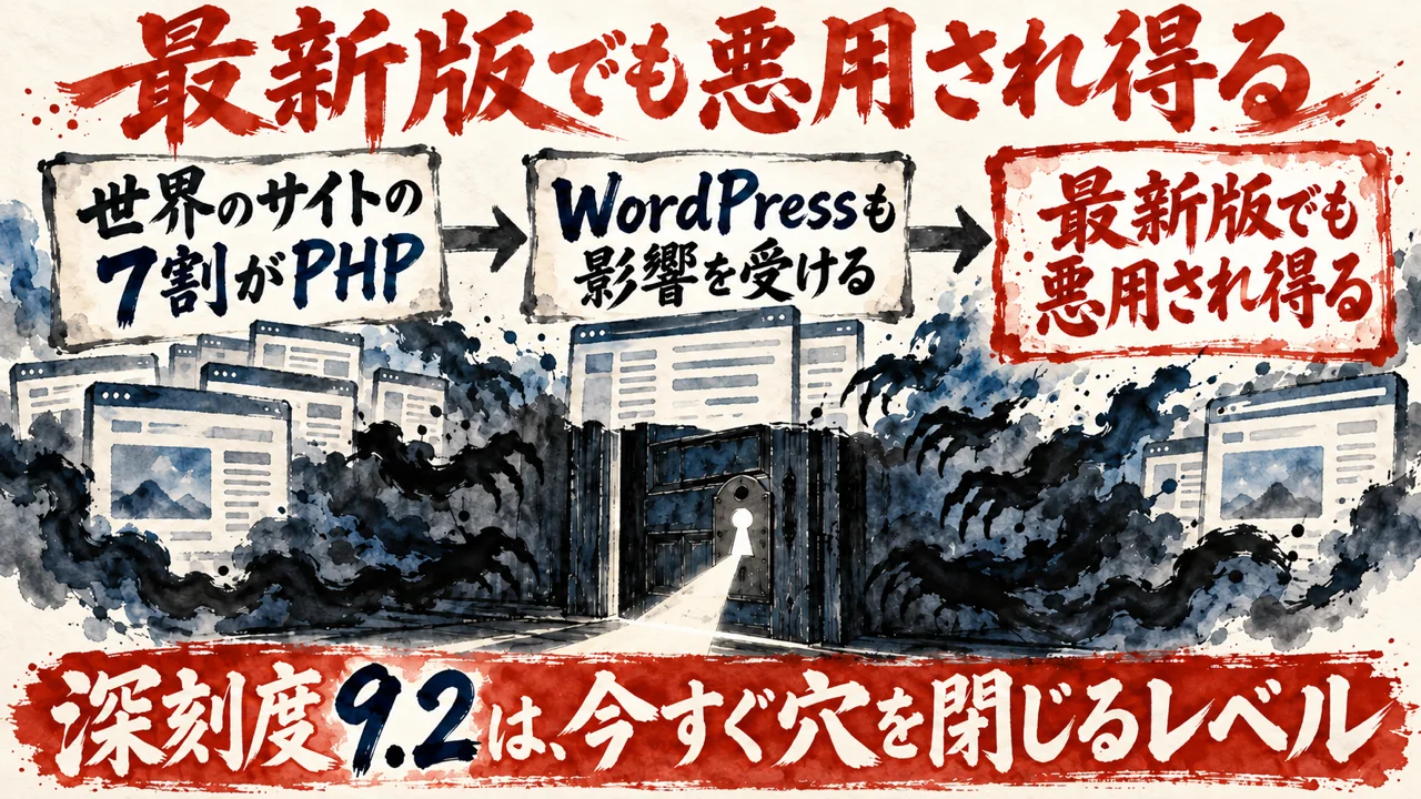図解。世界のサイトの7割が使うPHPに深刻度9.2の穴が見つかり、WordPressは最新版でも悪用され得る流れを示している