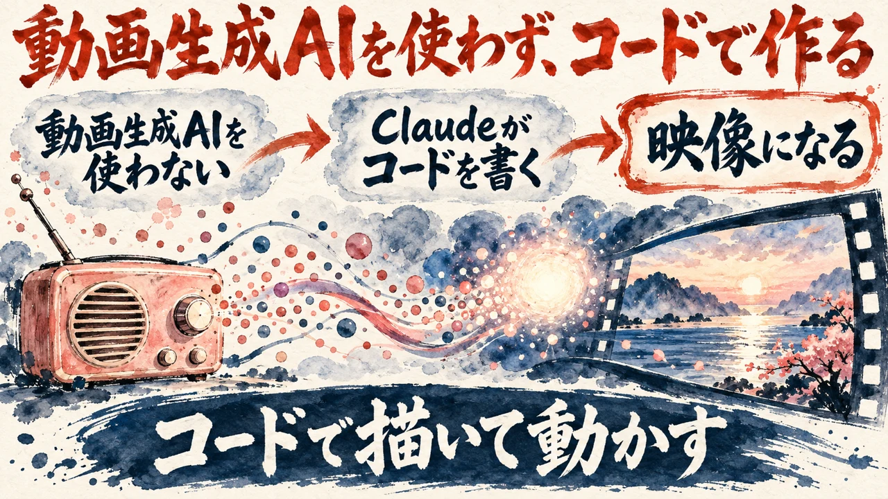 図解: 動画生成AIを使わない、Claudeがコードを書く、映像になる、の流れ。ピンクのラジオから光の粒が映像に変わる