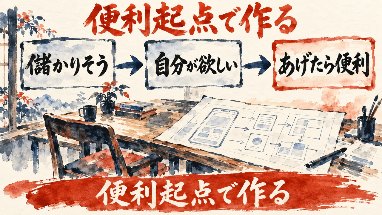 「売れるアプリの作り方」の図解。「儲かりそう」「自分が欲しい」「あげたら便利」の三つの札が矢印で並び、下の帯に「便利起点で作る」