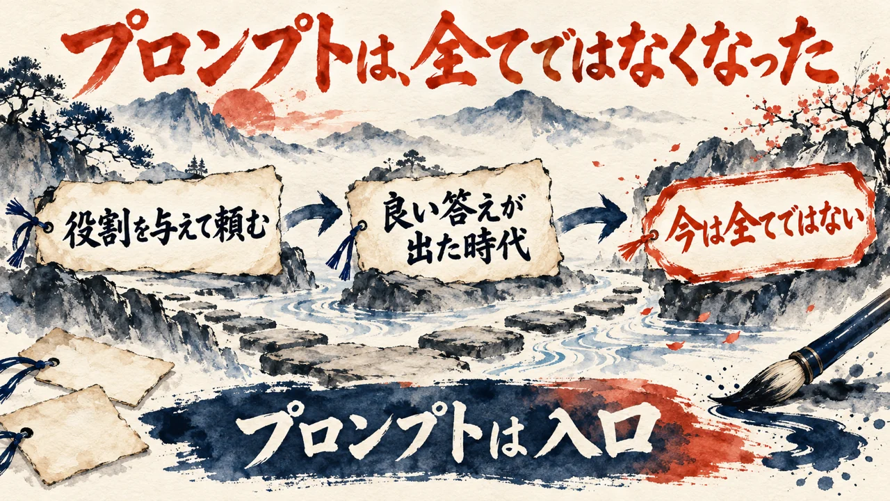 プロンプトは全てではなくなった、という図解。役割を与えて頼む、良い答えが出た時代、今は全てではない、の3つの札が左から右に並ぶ