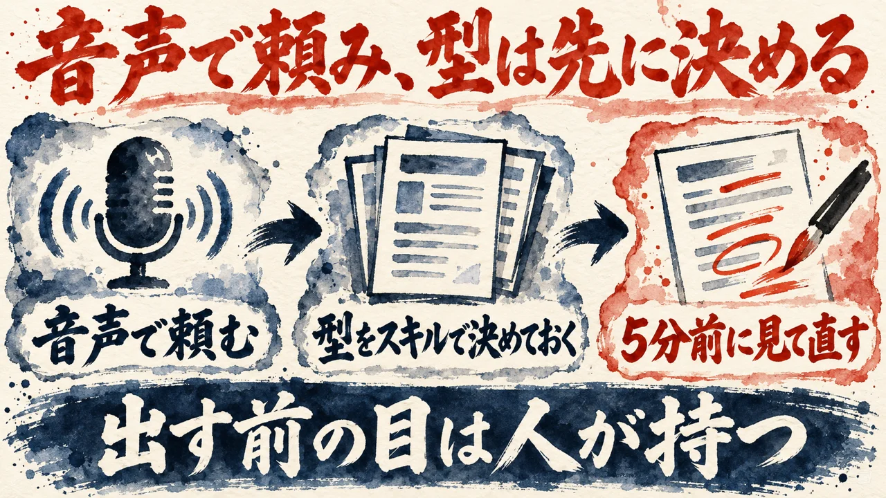 「資料づくり」の図解。「音声で頼む」「型をスキルで決めておく」「5分前に見て直す」の三つの札が矢印で並び、下の帯に「出す前の目は人が持つ」