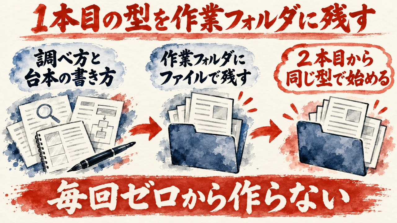 図解。調べ方と台本の書き方を作業フォルダに残し、2本目から同じ型で始める流れを示している