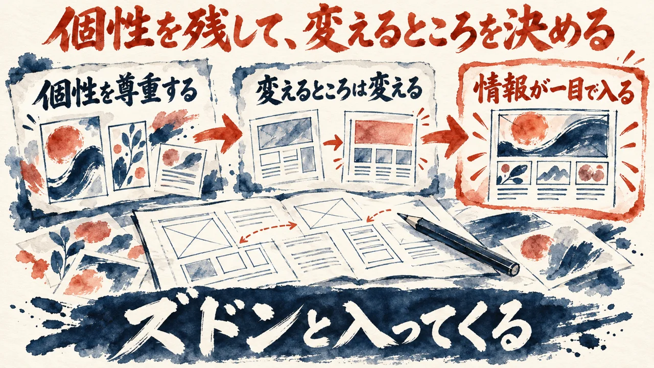 図解。個性を尊重する、変えるところは変える、情報が一目で入る、の三つの札が矢印で並び、下の帯にズドンと入ってくるの文字。見出しは個性を残して、変えるところを決める