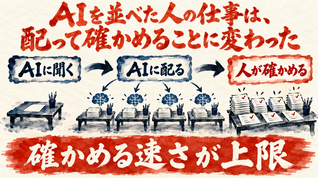 図解。AIに聞く、AIに配る、人が確かめる、の三つの札が矢印で並び、下の帯に確かめる速さが上限の文字。見出しはAIエージェントを何体並べても、人の仕事は配って確かめることに変わる