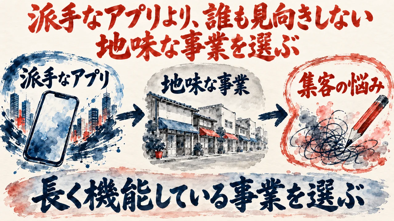 図解。派手なアプリ、地味な事業、集客の悩み、の三つの札が矢印で並び、下の帯に長く機能している事業を選ぶの文字