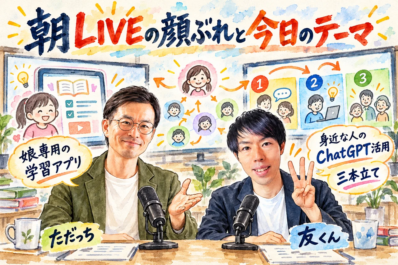 朝LIVEの顔ぶれと今日のテーマ｜ただっちと友くんが、身近な人の困りごとから生まれたAI活用を紹介する場面