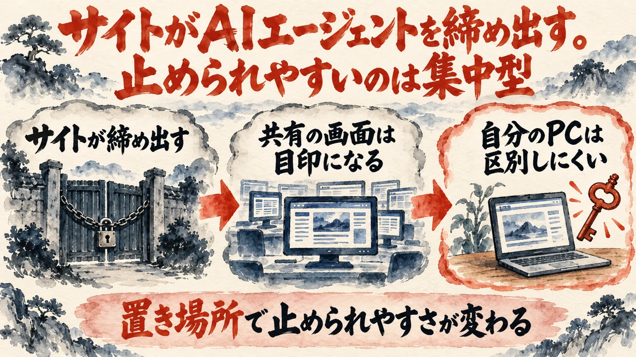 図解。サイトが締め出す、共有の画面は目印になる、自分のPCは区別しにくい、の三つの札が矢印で並び、下の帯に置き場所で止められやすさが変わるの文字
