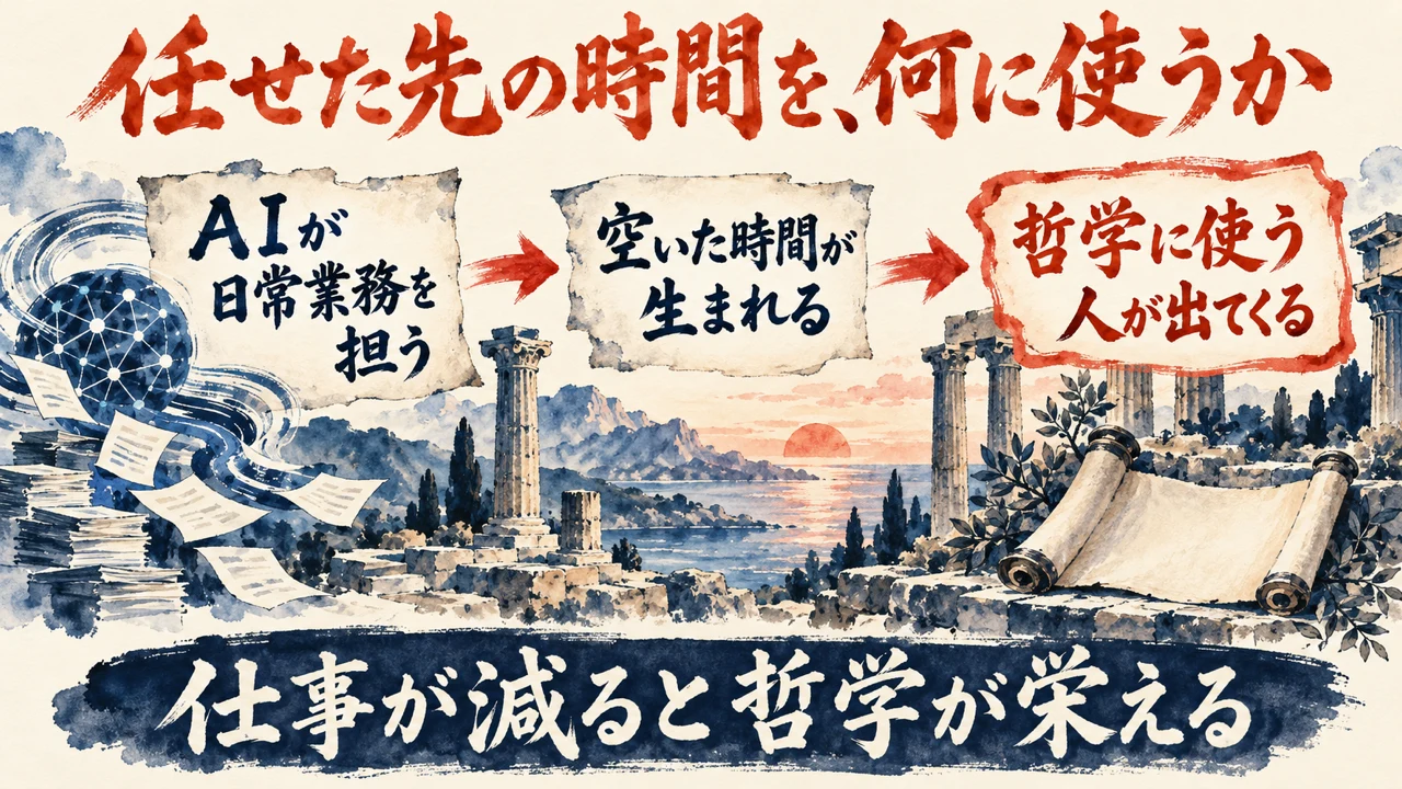 図解。AIが日常業務を担う、空いた時間が生まれる、哲学に使う人が出てくる、の三つの札が矢印で並び、下の帯に仕事が減ると哲学が栄えるの文字。見出しは任せた先の時間を、何に使うか