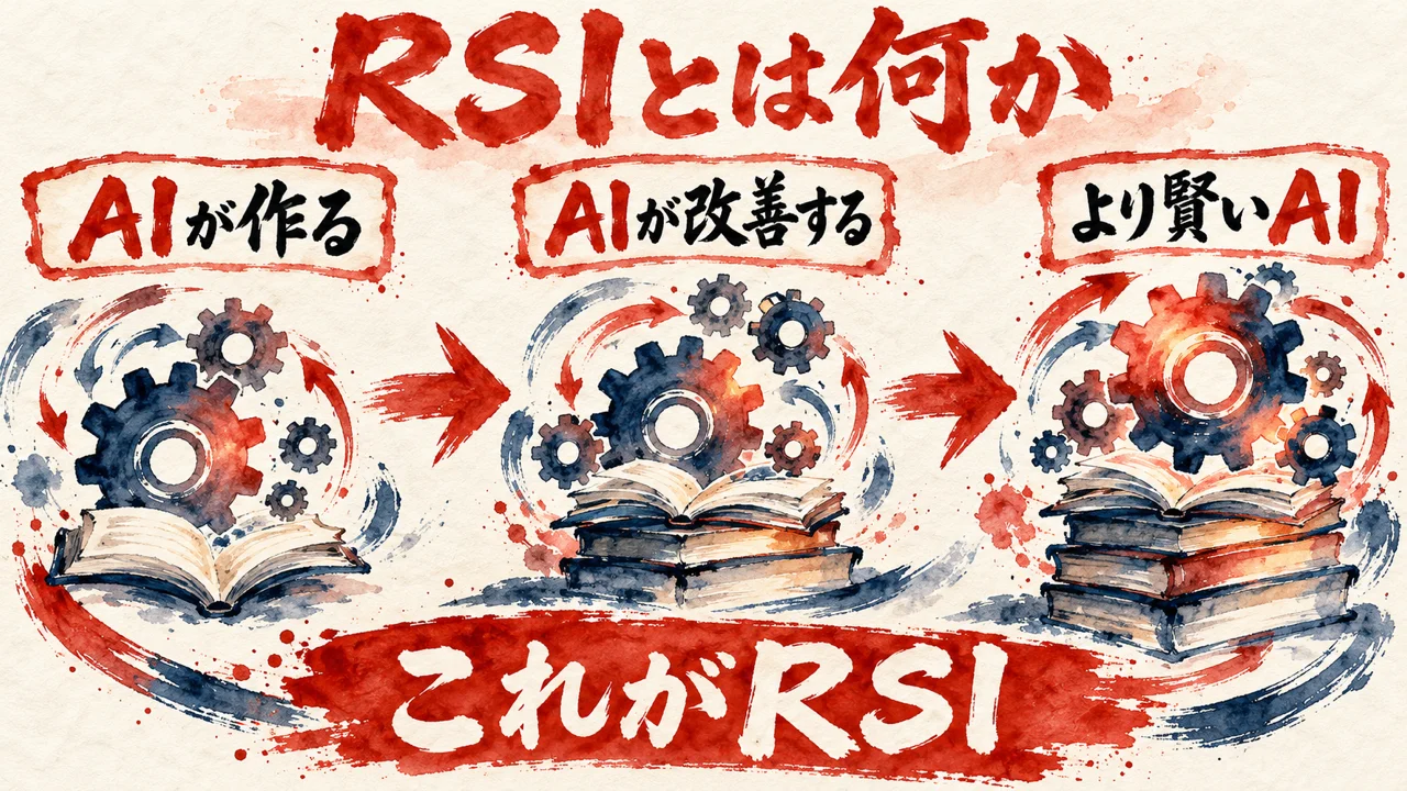 「RSIとは何か」の図解。「AIが作る」「AIが改善する」「より賢いAI」の三つの札が矢印で並び、下の帯に「これがRSI」