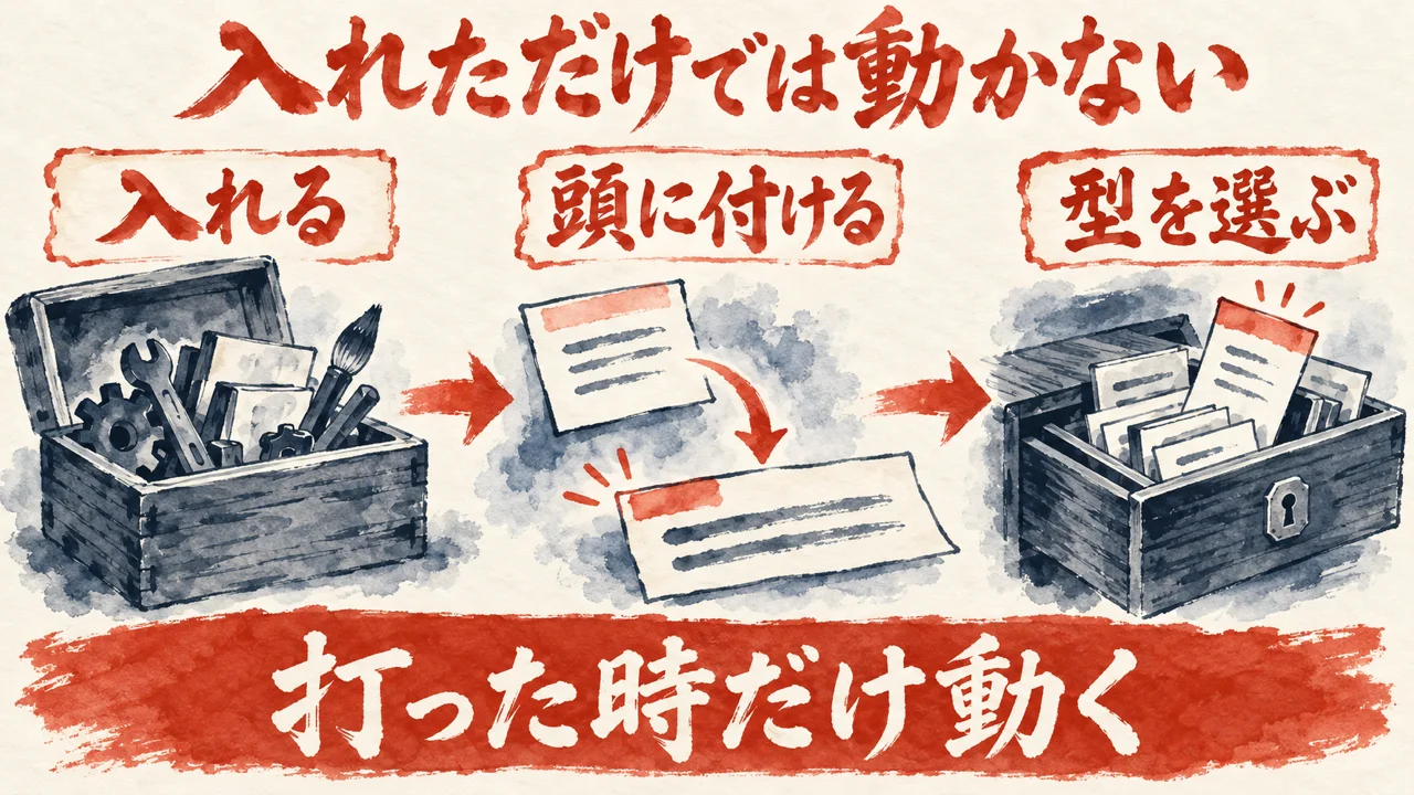図解。入れる、頭に付ける、型を選ぶ、の三つの札が矢印で並び、下の帯に打った時だけ動くの文字
