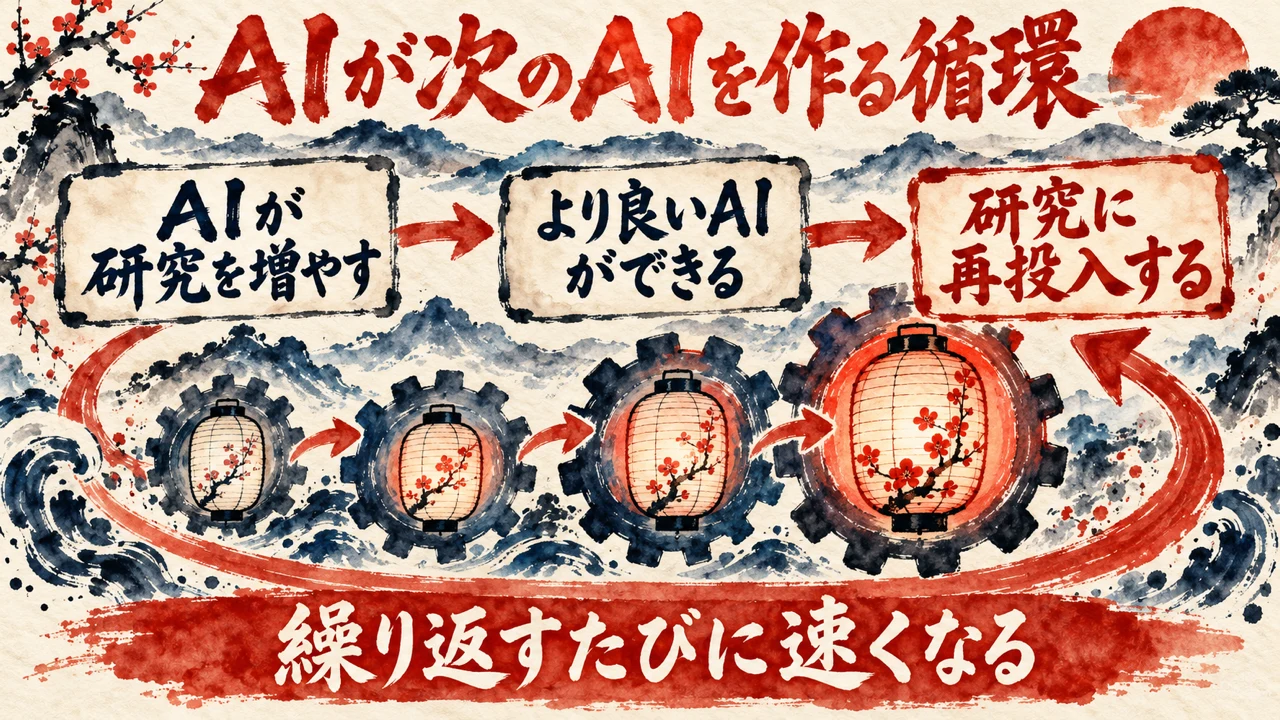 図解。AIが研究を増やす、より良いAIができる、研究に再投入する、の三つの札が矢印で並び、下の帯に繰り返すたびに速くなるの文字