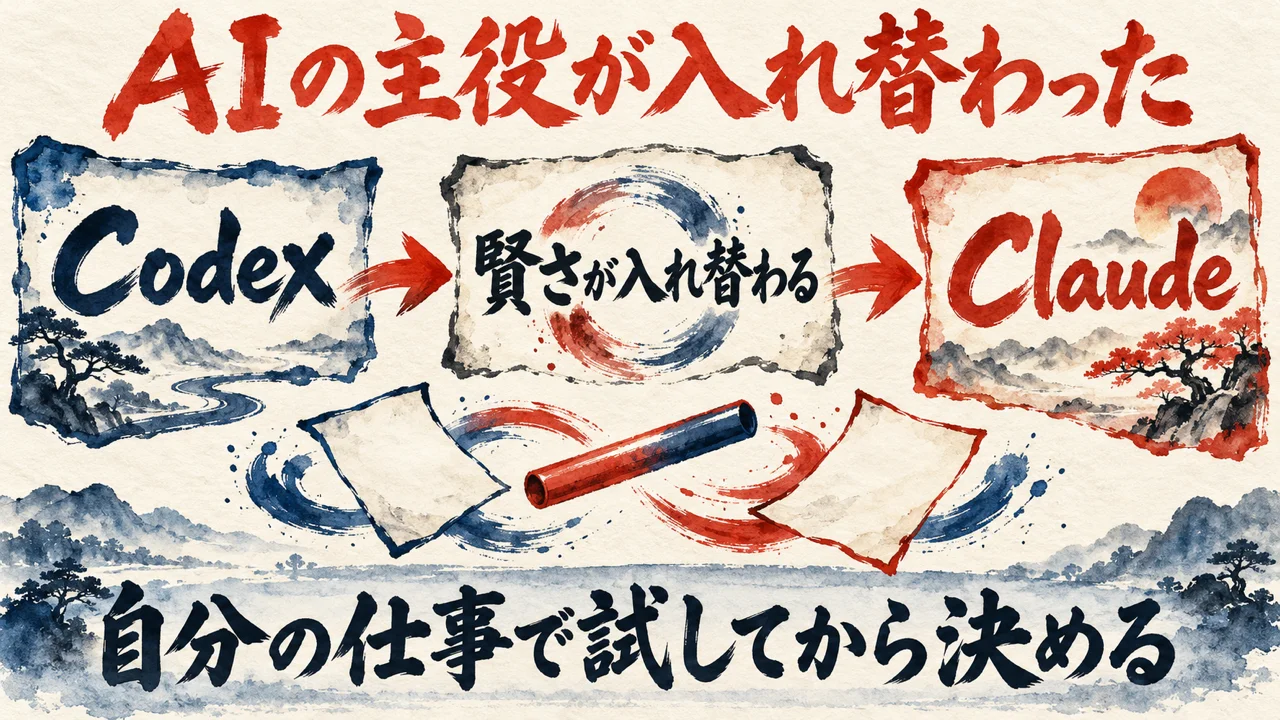 「AIの主役が入れ替わった」の図解。「Codex」「賢さが入れ替わる」「Claude」の三つの札が矢印で並び、下の帯に「自分の仕事で試してから決める」