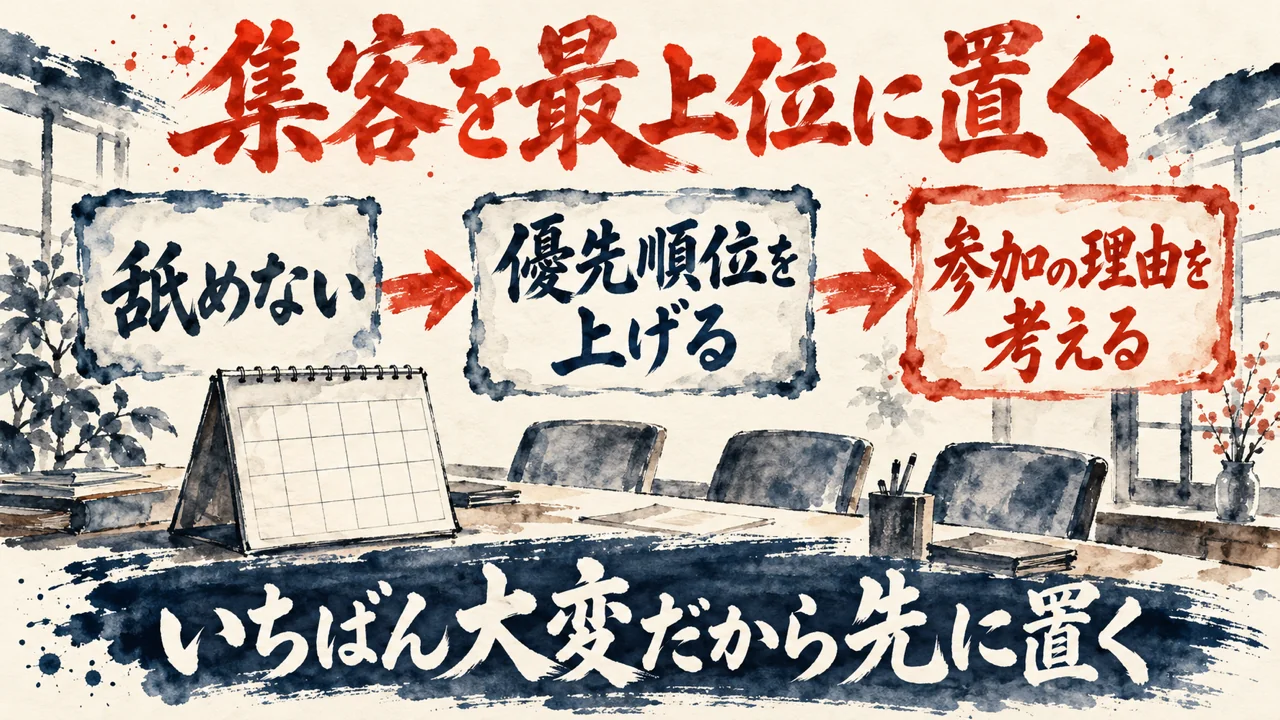 「集客を最上位に置く」の図解。「舐めない」「優先順位を上げる」「参加の理由を考える」の三つの札が矢印で並び、机の上のカレンダーと席の水彩画。下の帯に「いちばん大変だから先に置く」