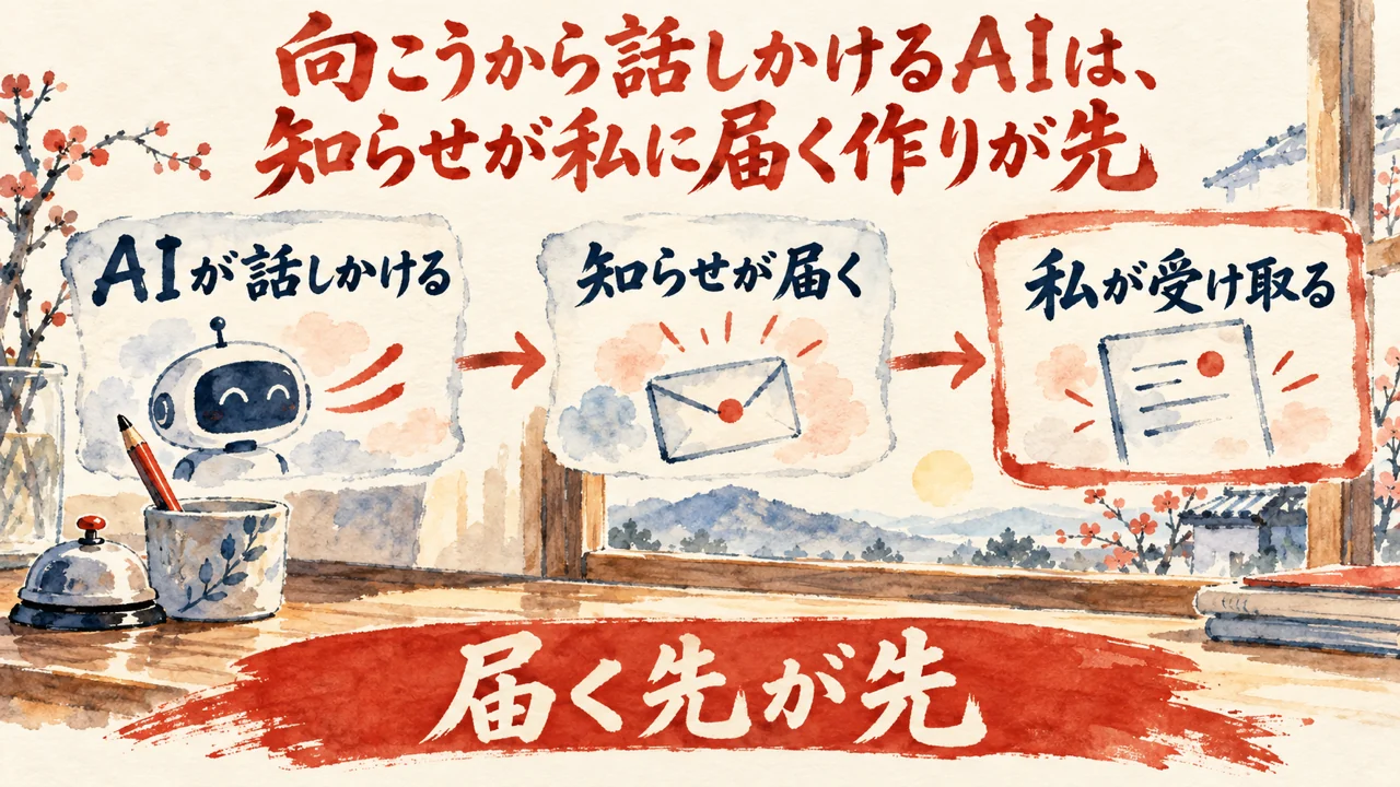 図解。AIが話しかける、知らせが届く、私が受け取る、の三つの札が矢印で並び、下の帯に届く先が先の文字
