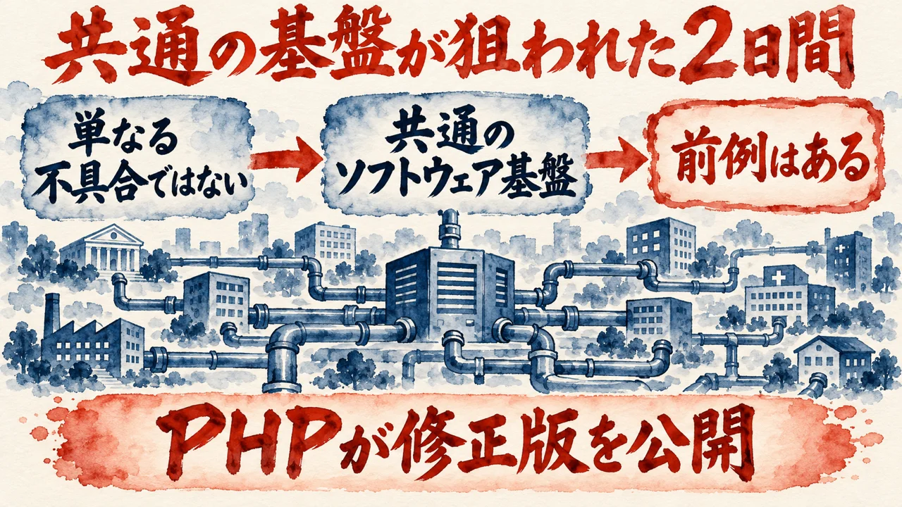 図解。単なる不具合ではない、共通のソフトウェア基盤、前例はある、の三つの札が矢印で並び、水道管でつながれた町の建物の水彩画が添えられ、下の帯にPHPが修正版を公開の文字。見出しは共通の基盤が狙われた2日間