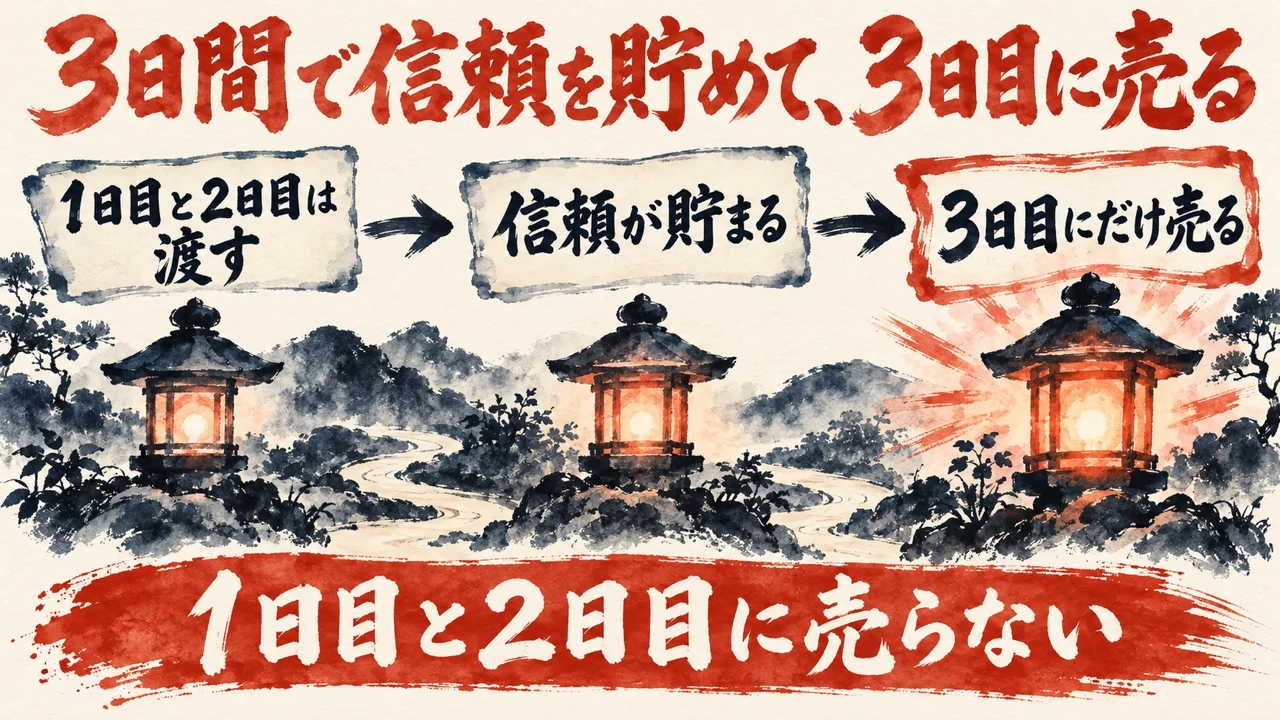 図解。1日目と2日目は価値を渡す、信頼が貯まる、3日目にだけ売る、の三つの札が矢印で並び、三つの灯りの水彩画が添えられ、下の帯に1日目と2日目に売らないの文字。見出しは3日間で信頼を貯めて、3日目に売る