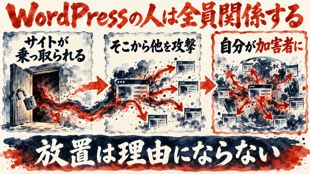 図解。サイトが乗っ取られる、そこから他を攻撃、自分が加害者に、の三つの札が矢印で並び、錠が外れた扉の水彩画が添えられ、下の帯に放置は理由にならないの文字。見出しはWordPressの人は全員関係する