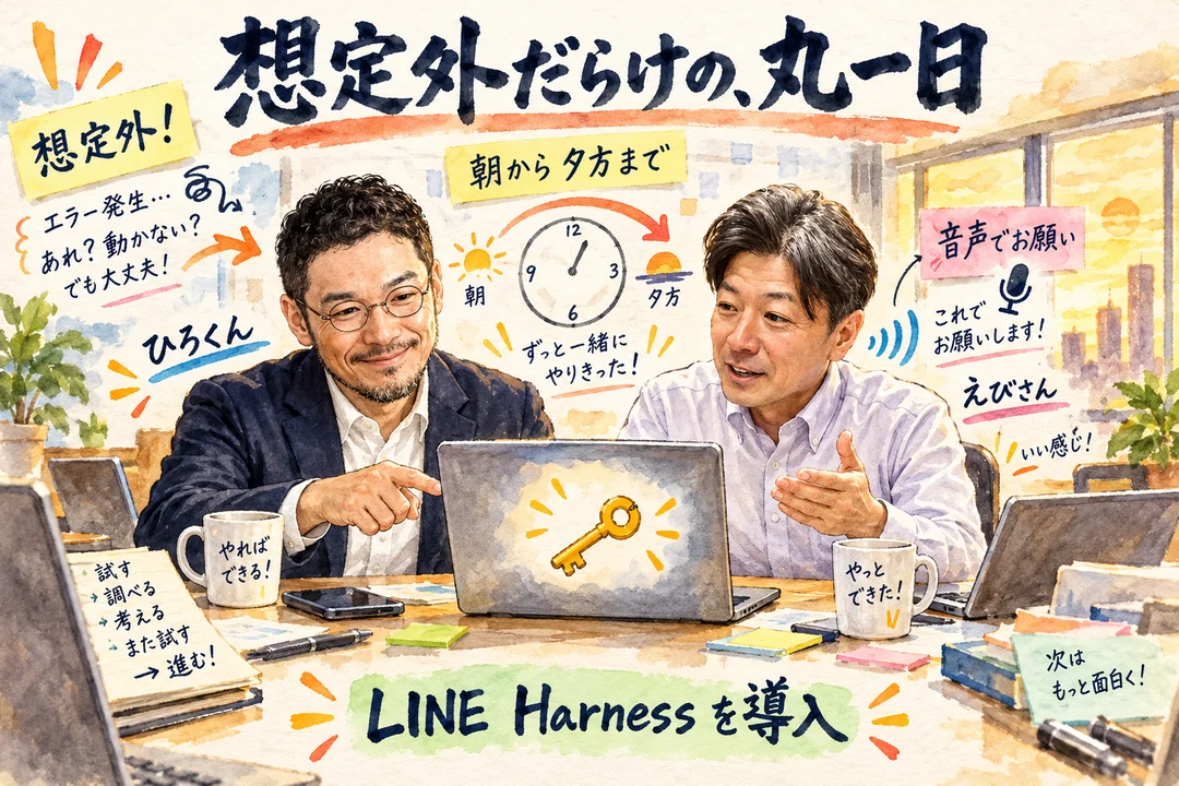 ひろくんとえびさんが、丸一日かけて公式LINEを入れる作業を隣り合って進めるグラレコ