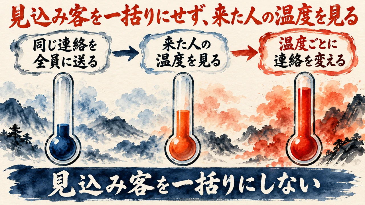 図解。同じ連絡を全員に送る、来た人の温度を見る、温度ごとに連絡を変える、の三つの札が矢印で並び、下の帯に見込み客を一括りにしないの文字。見出しは見込み客を一括りにせず、来た人の温度を見る