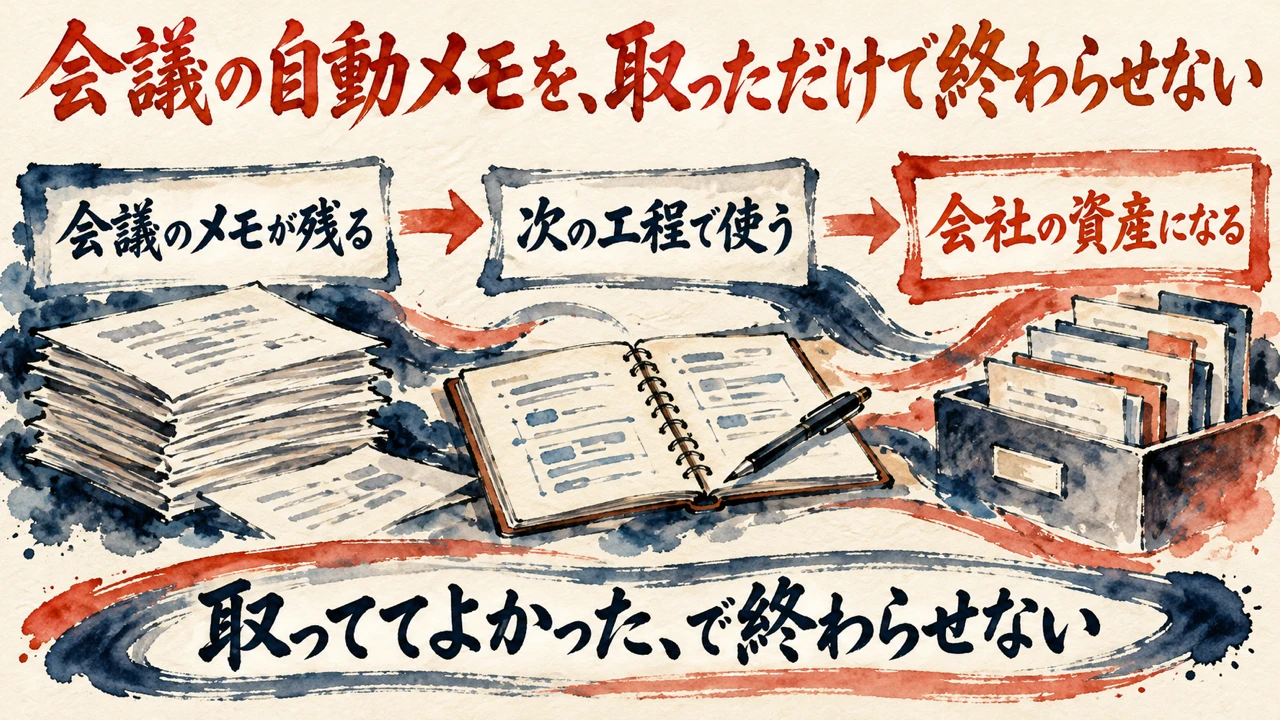 図解。会議のメモが残る、次の工程で使う、会社の資産になる、の三つの札が矢印で並び、書類の束と開いたノートの水彩画が添えられ、下の帯に取っててよかったで終わらせないの文字。見出しは会議の自動メモを、取っただけで終わらせない
