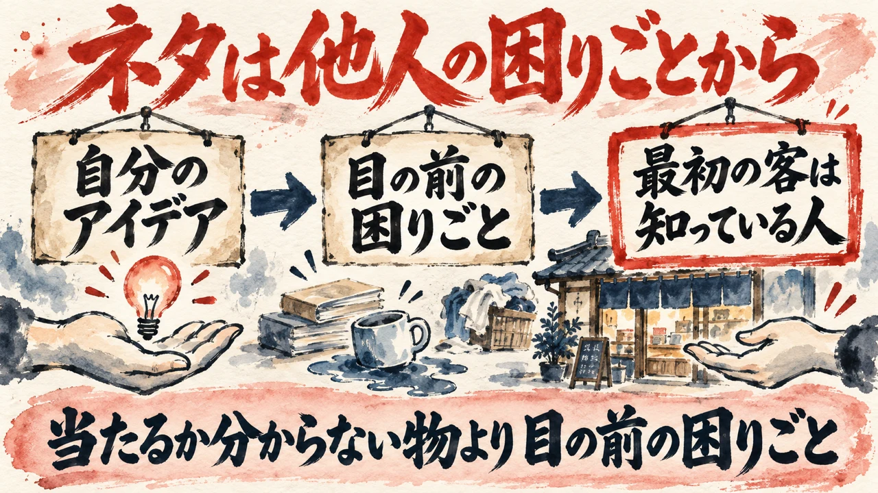 図解。見出しはネタは他人の困りごとから。自分のアイデア、目の前の困りごと、最初の客は知っている人、の三つの札が矢印で並び、下の帯に当たるか分からない物より目の前の困りごと