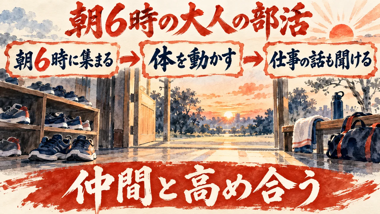 図解。朝6時に集まる、体を動かす、仕事の話も聞ける、の三つの札が矢印で並び、朝日の差す扉の水彩画が添えられ、下の帯に仲間と高め合うの文字。見出しは朝6時の大人の部活