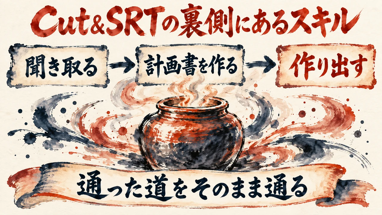 図解 聞き取る、計画書を作る、作り出すの順に進むCut&SRTの裏側のスキル。湯気の立つつぼの水彩の絵で、通った道をそのまま通れることを表している