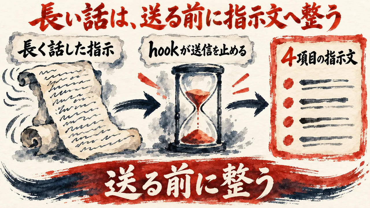 長く話した指示の巻物が、hook が送信を止める砂時計を通り、4項目の指示文に整う流れを描いた水彩の図解