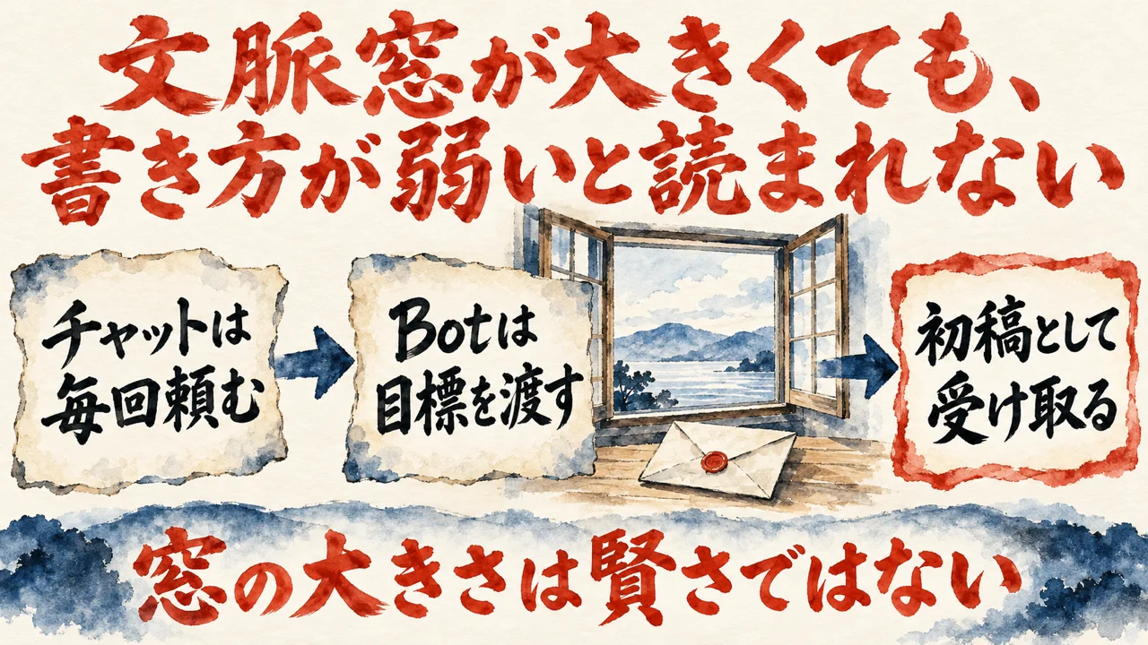文脈窓が大きくても書き方が弱いと読まれない、という図。チャットは毎回頼む、Botは目標を渡す、初稿として受け取る、の3つの札が並ぶ