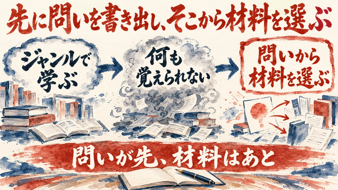 図解。ジャンルで学ぶ、何も覚えられない、問いから材料を選ぶ、の三つの札が矢印で並び、ノートとペンの水彩画が添えられている。見出しは先に問いを書き出し、そこから材料を選ぶ