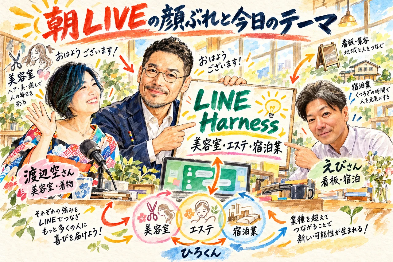 朝LIVEの顔ぶれ｜ひろくん、えびさん、渡辺空さんの3人が、美容室・エステ・宿泊業の公式LINE活用を語り合うグラレコ
