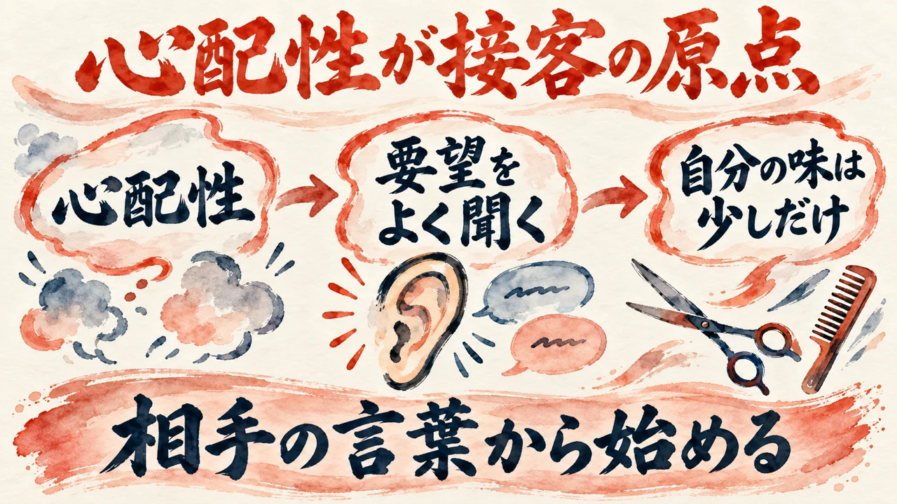 図解。見出しは心配性が接客の原点。心配性、要望をよく聞く、自分の味は少しだけ、の三つの札が矢印で並び、耳とはさみと櫛の水彩画があり、下の帯に相手の言葉から始める
