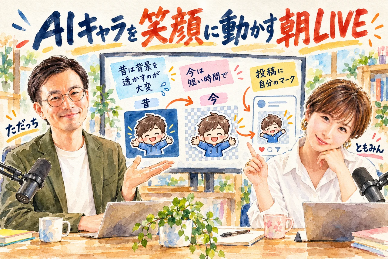 朝LIVEの顔ぶれと今日のテーマ|ただっちとともみんが、AIキャラを笑顔に動かす話を始める場面