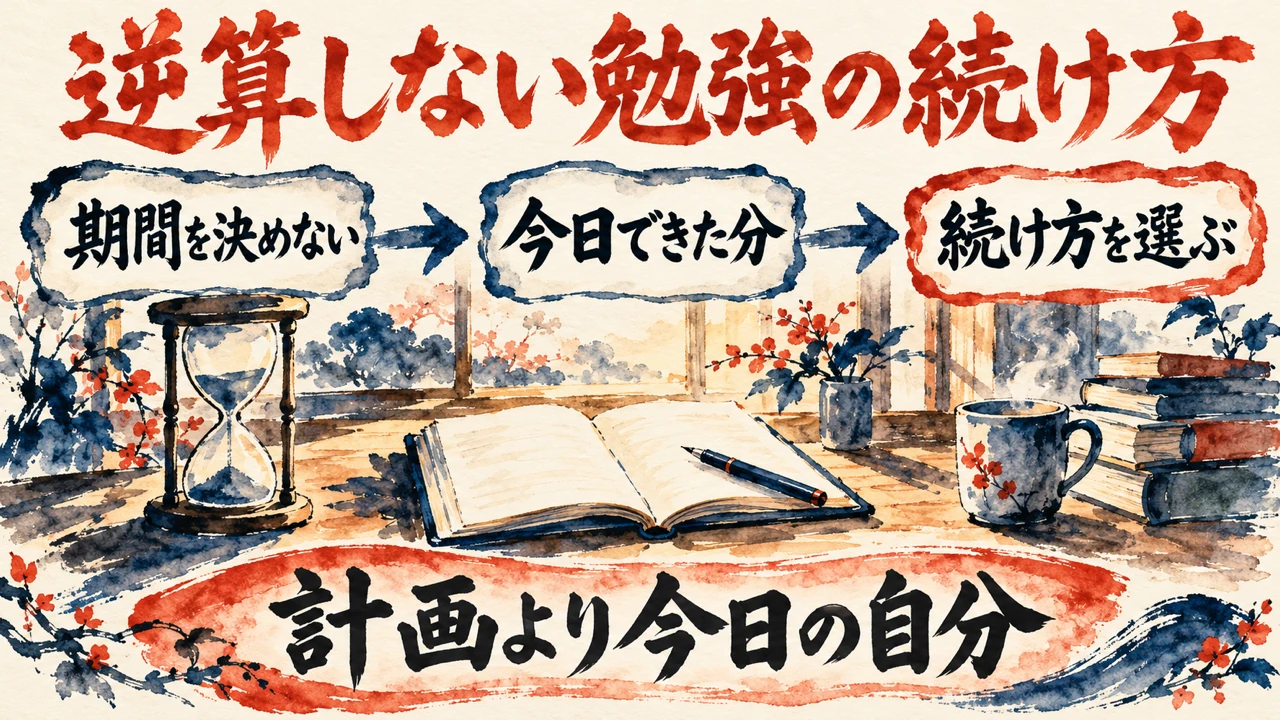 「逆算しない勉強の続け方」の図解。「期間を決めない」「今日できた分」「続け方を選ぶ」の三つの札が矢印で並び、下の帯に「計画より今日の自分」