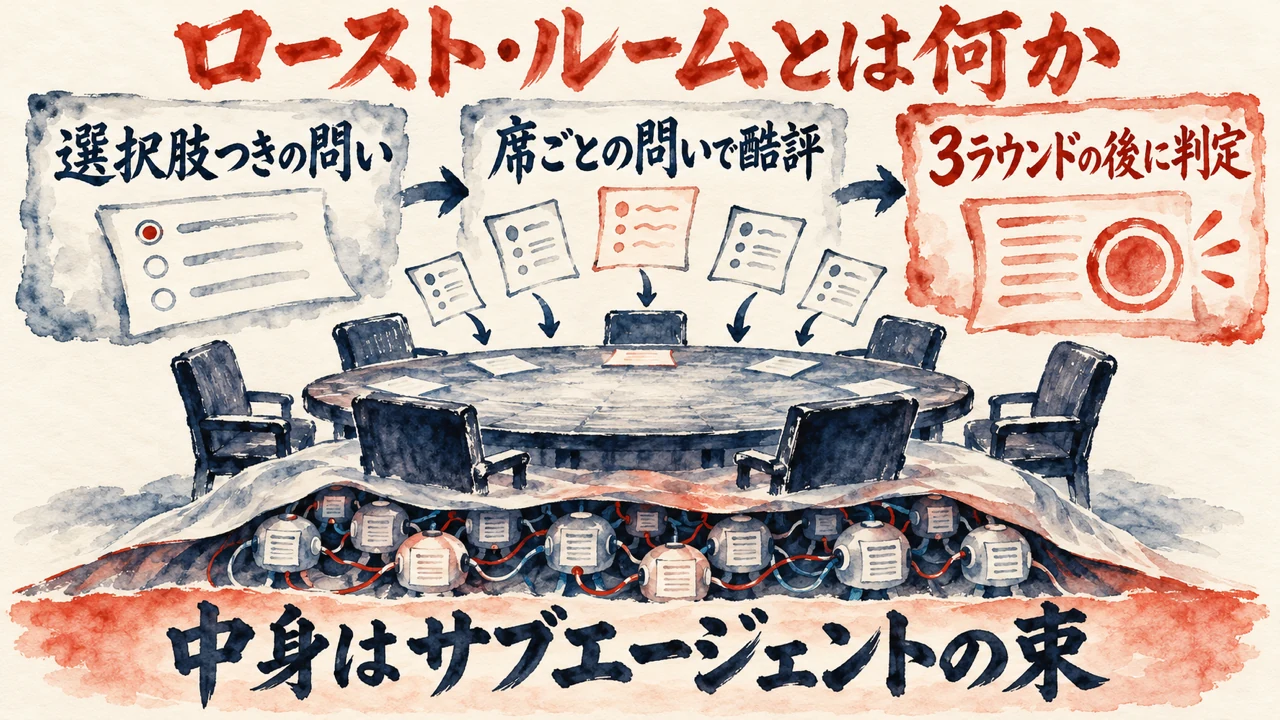 図解。選択肢つきの問い、席ごとの問いで酷評、3ラウンドの後に判定、の三つの札が矢印で並び、円卓の水彩画が添えられ、下の帯に中身はサブエージェントの束の文字。見出しはロースト・ルームとは何か