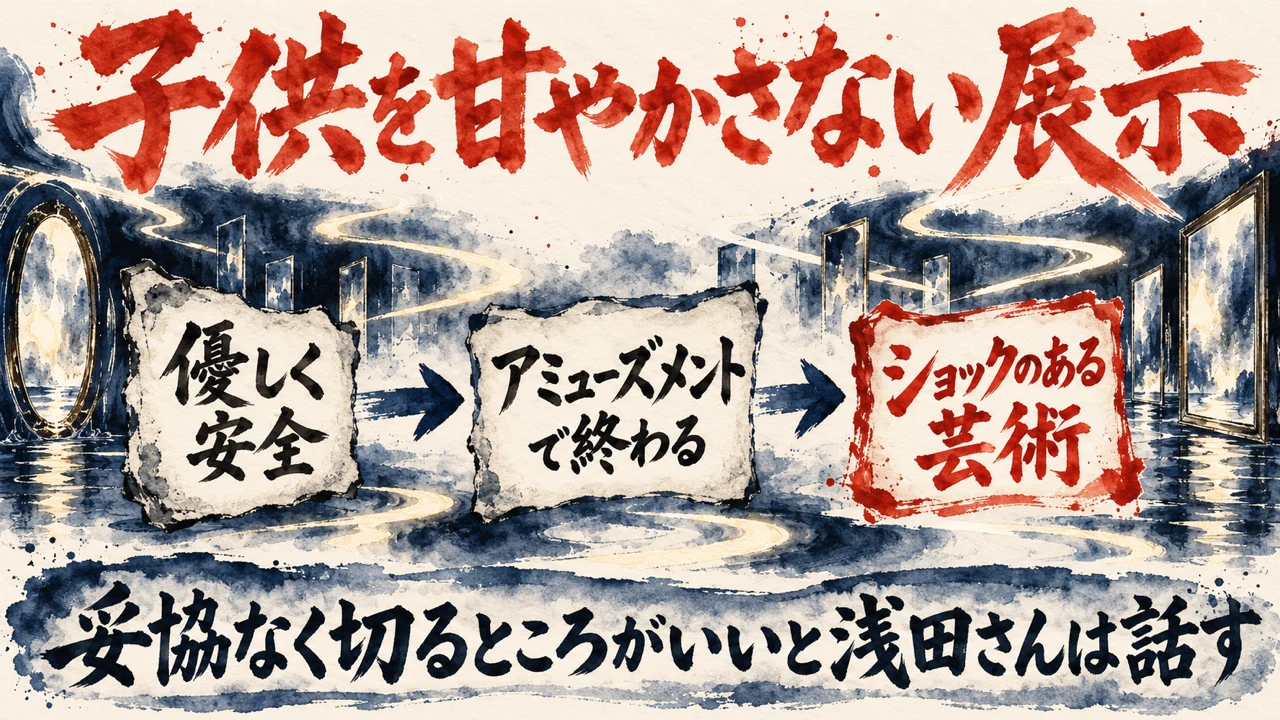 図解。見出しは子供を甘やかさない展示。優しく安全、アミューズメントで終わる、ショックのある芸術、の三つの札が矢印で並び、下の帯に浅田さんは妥協なく切るところがいいと話す